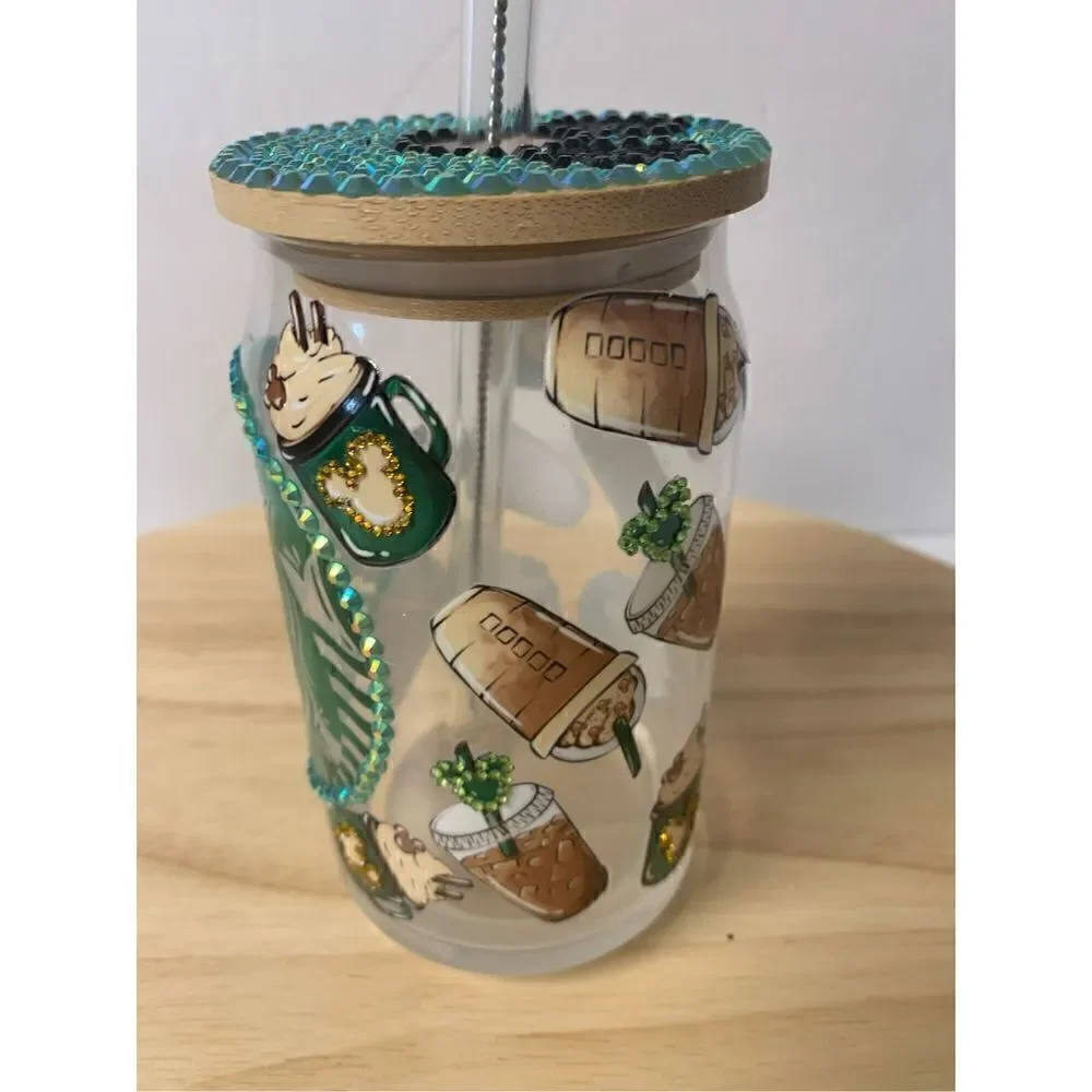 Starbucks Disney coffee handmade glass cup with straw topper